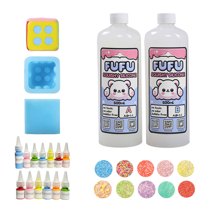 Mold+2*500mlGlueA&B+Color Paste(thirteen color)+Charms(10 bags)+1600g Giant Dice Squishy