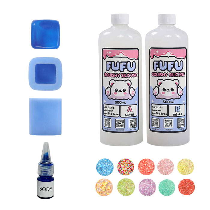 Mold+2*500mlGlueA&B+Color Paste(one color)+Charms(10 bags)+1600g Giant Blue Ice Cube Squishy