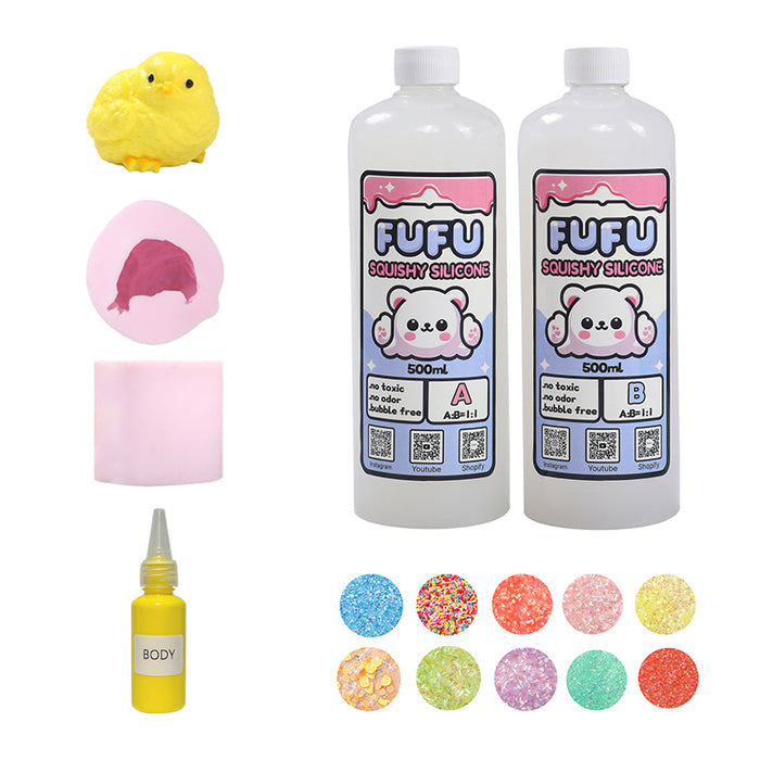 Mold+2*500mlGlueA&B+Color Paste(one color)+Charms(10 bags)+1600g Yellow Chicken Squishy