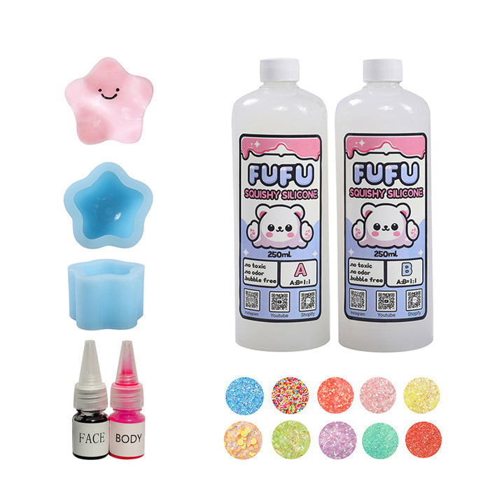 Mold+250mlGlueA&B+Color Paste(two color)+Charms(10 bags)+180g Crystal Pink Star Squishy