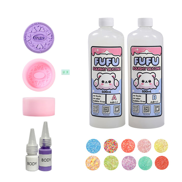 Mold+250mlGlueA&B+Color Paste(two color)+Charms(10 bags)+200g Purple FuFu Cookie Squishy