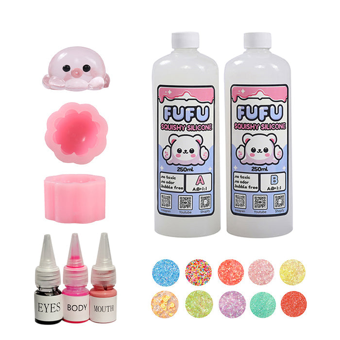Mold+250mlGlueA&B+Color Paste(three color)+Charms(10 bags)+200g Crystal Pink Octopus Squishy