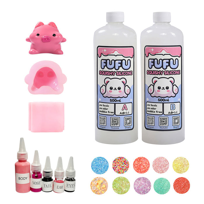Mold+2*500mlGlueA&B+Color Paste(five color)+Charms(10 bags)+2100g Pink Pig Squishy