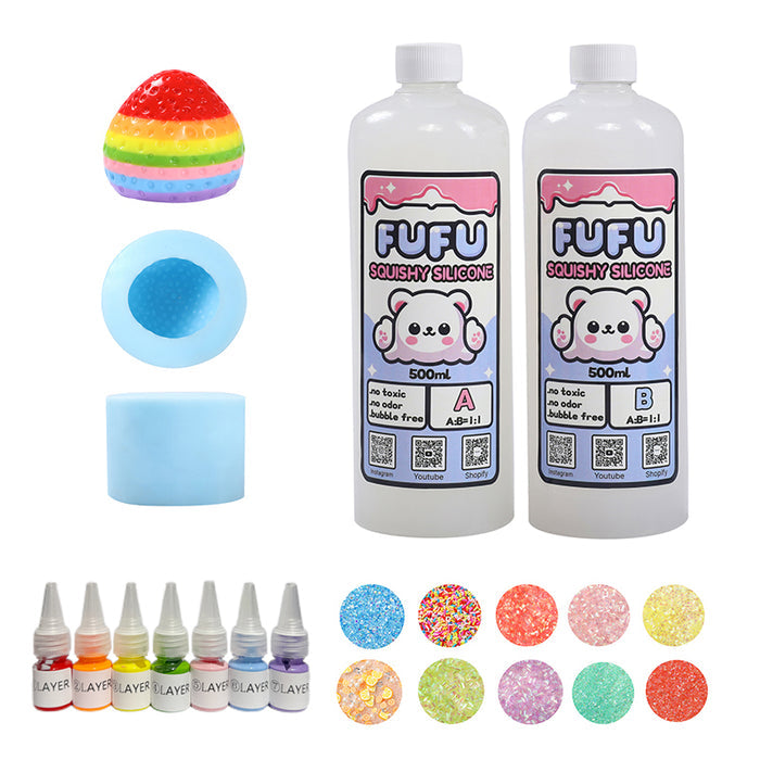 Mold+2*500mlGlueA&B+Color Paste(seven color)+Charms(10 bags)+2100g Rainbow Strawberry Squishy