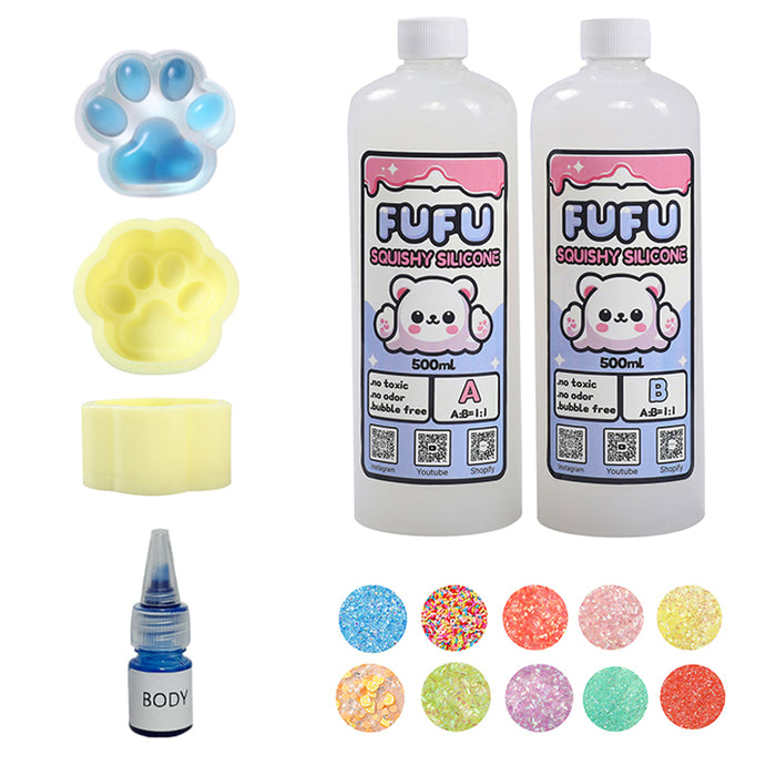 Mold+500mlGlueA&B+Color Paste(one color)+Charms(10 bags)+800g Blue Crystal Cat Paw Squishy