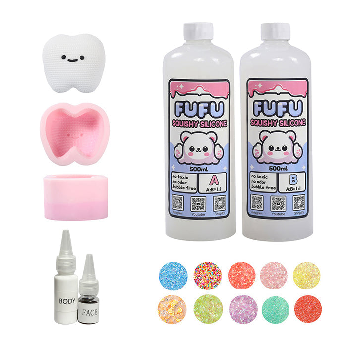 Mold+500mlGlueA&B+Color Paste(two color)+Charms(10 bags)+800g White Tooth Squishy