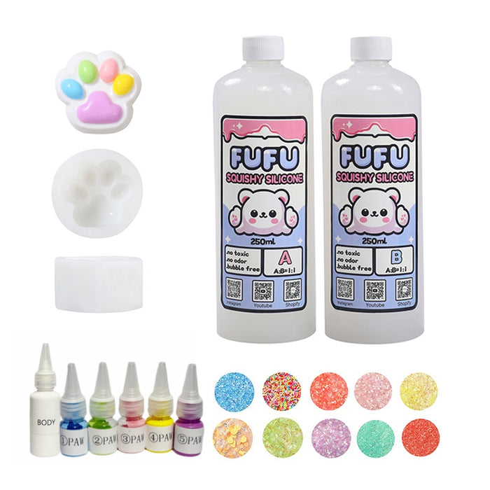 Mold+250mlGlueA&B+Color Paste(five color)+Charms(10 bags)+80g Rainbow Purple Cat Paw Squishy