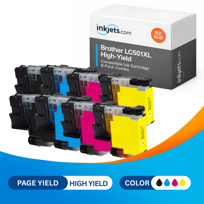 Brother LC501XL High Yield Compatible Ink Cartridge 8-Pack Combo
