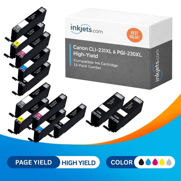 Canon CLI-231XL & PGI-230XL High-Yield Compatible Ink Cartridge 12-Pack Combo