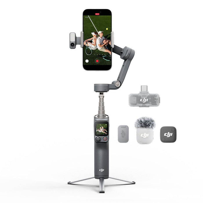 DJI Osmo Mobile 8P Gimbal camera with smartphone holder and accessories on a white background