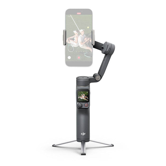 DJI Osmo Mobile 8P gimbal stabilizer with smartphone displaying video on a white background