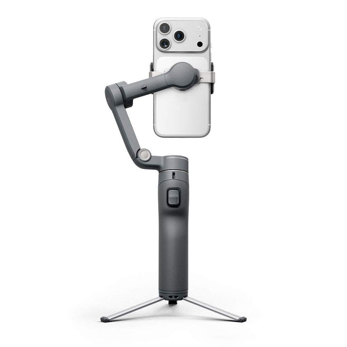 Smartphone mounted on a DJI Osmo Mobile 8P gimbal stabilizer with a white background