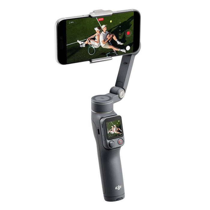 DJI Osmo Mobile 8P smartphone stabilizer with phone attached on a white background