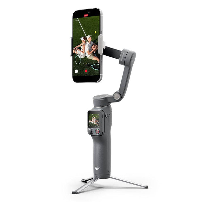 DJI Osmo Mobile 8P with smartphone displaying a video on a white background