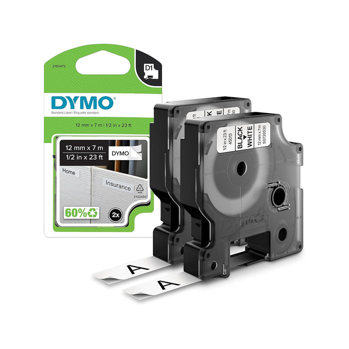 Dymo D1 Label Tape 1/2 Inch Black On White Pack of 2 - PensAndPencils.Net