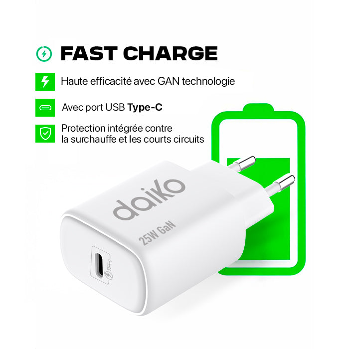Chargeur rapide Daiko USB-C 25W blanc