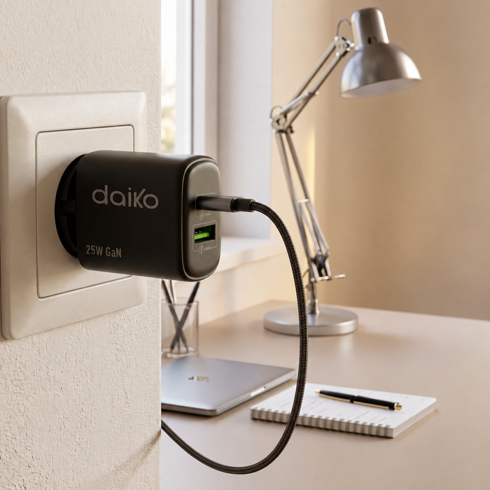 Chargeur rapide Daiko USB-C et USB-A 25W noir