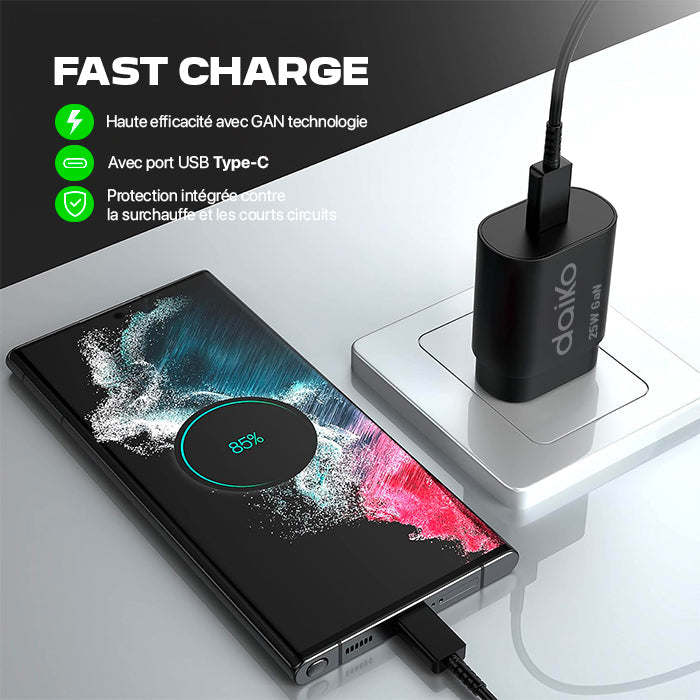 Chargeur rapide Daiko USB-C 25W noir