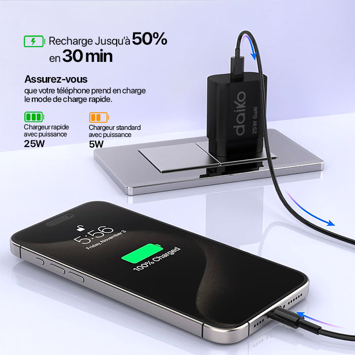 Chargeur rapide Daiko USB-C 25W noir