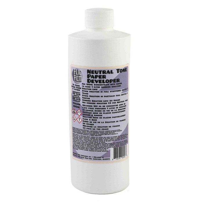 A bottle of flic film neutral tone paper developer on a white background