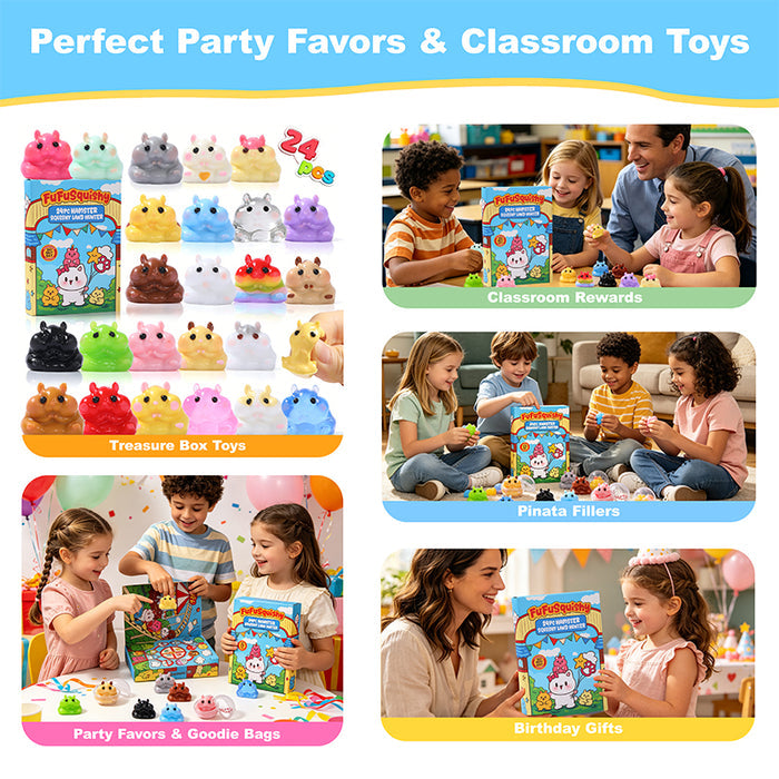FUFUSQUISHY 24PCS Hamster Squishies Pop Box, Keychain Set, Individually Wrapped Balls,  Classroom Prizes and Party Favors