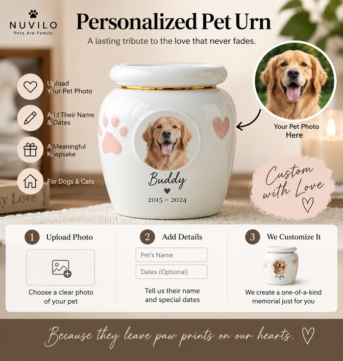 Personalized pet memorial urn with custom photo and engraving