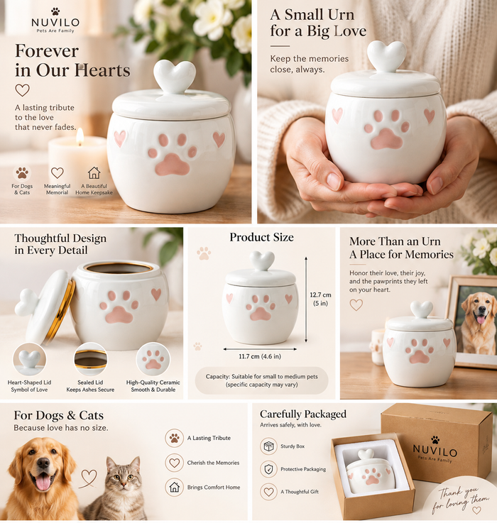 Heart-shaped ceramic pet memorial urn with personalization options