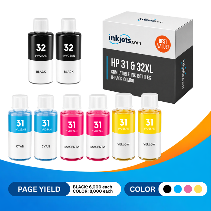 HP 31 & 32XL Compatible High & Standard Yield Ink Bottle 8-Pack Combo
