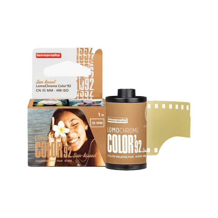 Lomography LomoChrome Color '92 Sun-kissed 400 35mm film packaging with warm golden-hour tones and vibrant color palette