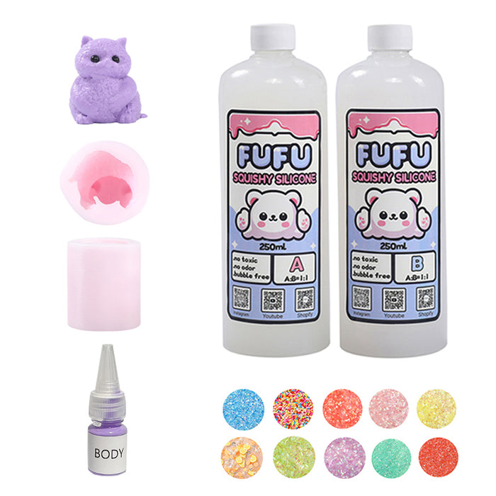 Mold+250mlGlueA&B+Color Paste(one color)+Charms(10 bags)+Mini Purple Cat Squishy
