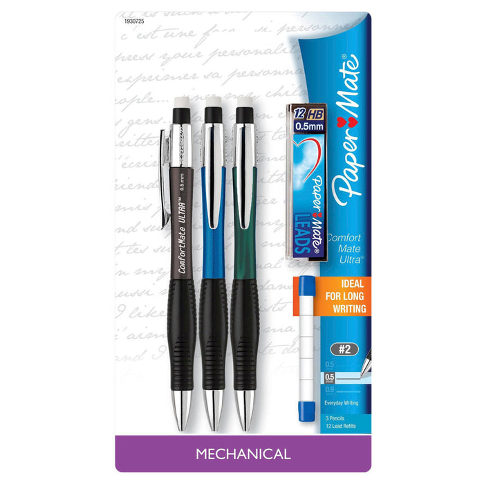 Paper Mate Comfort Mate Ultra Mechanical Pencil 0.5mm Pack Of 3 + Leads, Eraser Refills Ideal for Long Writing  Paper Mate Pencil