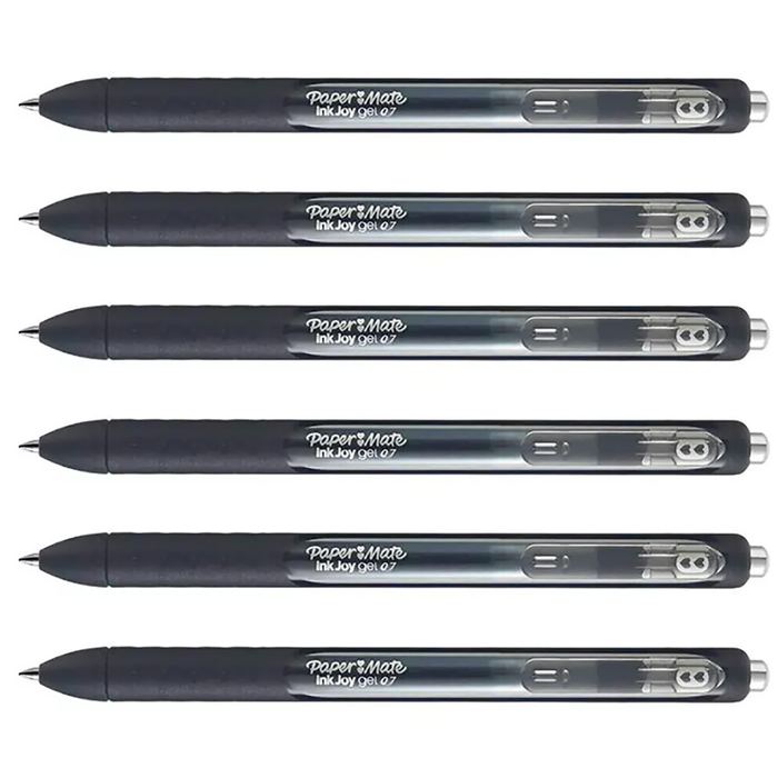 Paper Mate Inkjoy Gel Black Pen Medium Point 0.7 MM Retractable Pack of 6 - PensAndPencils.Net