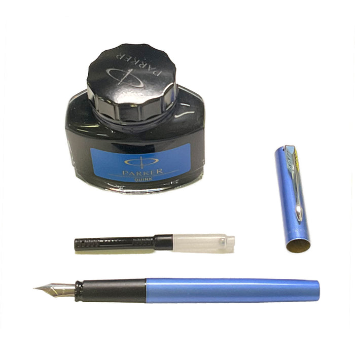 Parker Fountain Pen and Ink Set Vector Metallic Blue CT, Converter, Washable Blue Ink Bottle