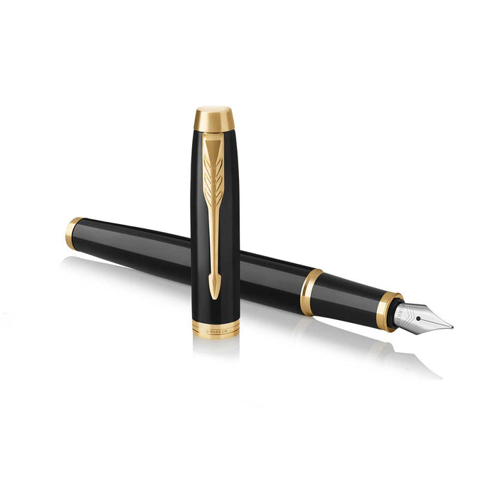 Parker IM Black Lacquer Gold Trim Fountain Pen Fine Nib 1931645 - PensAndPencils.Net
