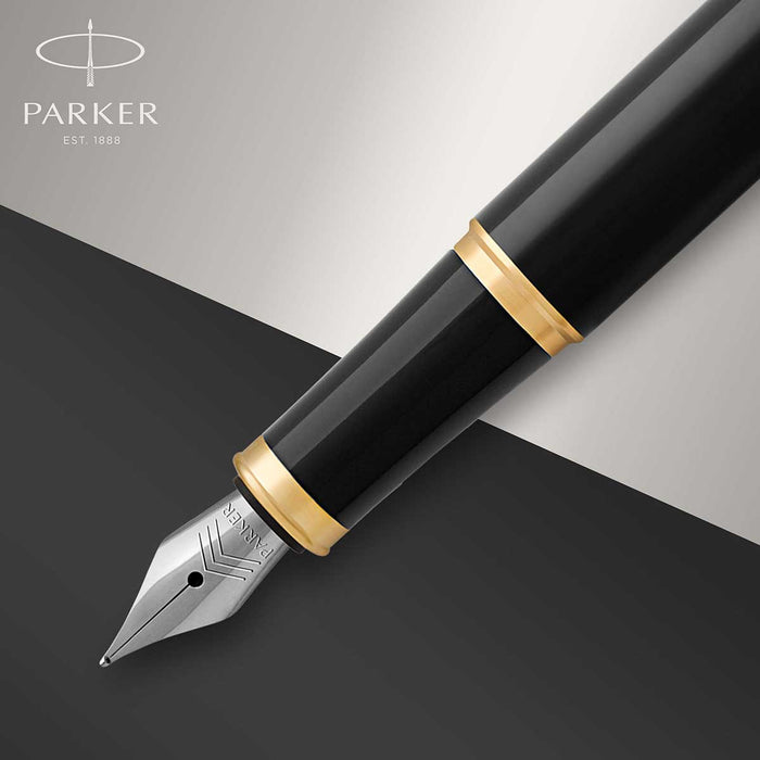 Parker IM Black Lacquer Gold Trim Fountain Pen Fine Nib 1931645 - PensAndPencils.Net