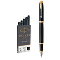 Parker IM Black Lacquer Gold Trim Fountain Pen Medium Nib + 5 Black Ink Cartridges