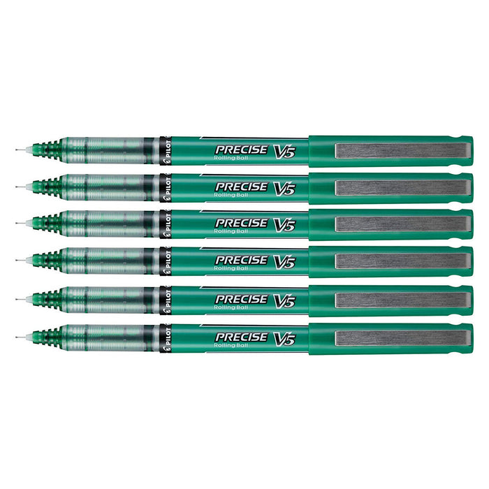 Pilot Precise V5 Green Roller Ball Pens 0.5mm Pack of 6  Pilot Rollerball Pens