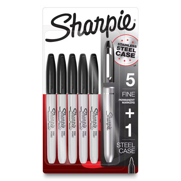 Stainless Steel Sharpie Case + 5 Sharpie Black Fine Markers - PensAndPencils.Net
