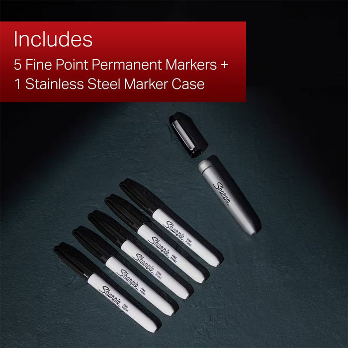 Stainless Steel Sharpie Case + 5 Sharpie Black Fine Markers - PensAndPencils.Net