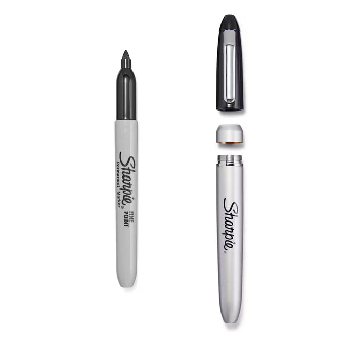Stainless Steel Sharpie Case + 5 Sharpie Black Fine Markers - PensAndPencils.Net